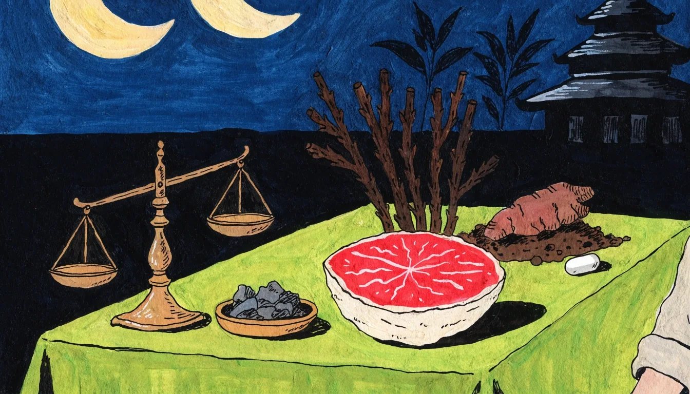 A flat illustrated editorial desk at midnight with cool light across a notebook, a single unmarked capsule and raw ingredient samples