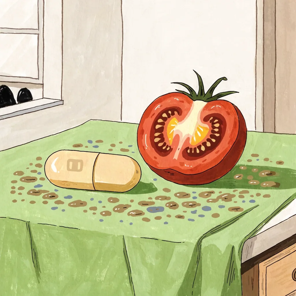 Flat illustration of a broad multivitamin capsule with mineral grains and a halved tomato