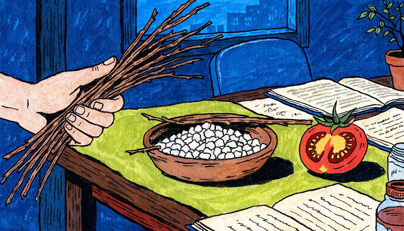 Wide flat illustration of an editorial workspace with ingredient samples under cool evening light
