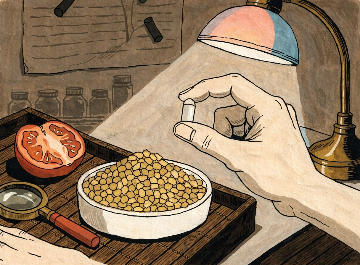 Flat gouache illustration of hands inspecting an unmarked capsule under a cool desk lamp