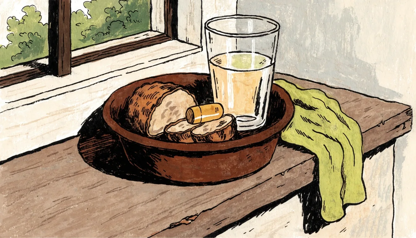 Flat gouache still life of a glass of water, an unmarked capsule and a cut pasak bumi root arranged on a lime plane