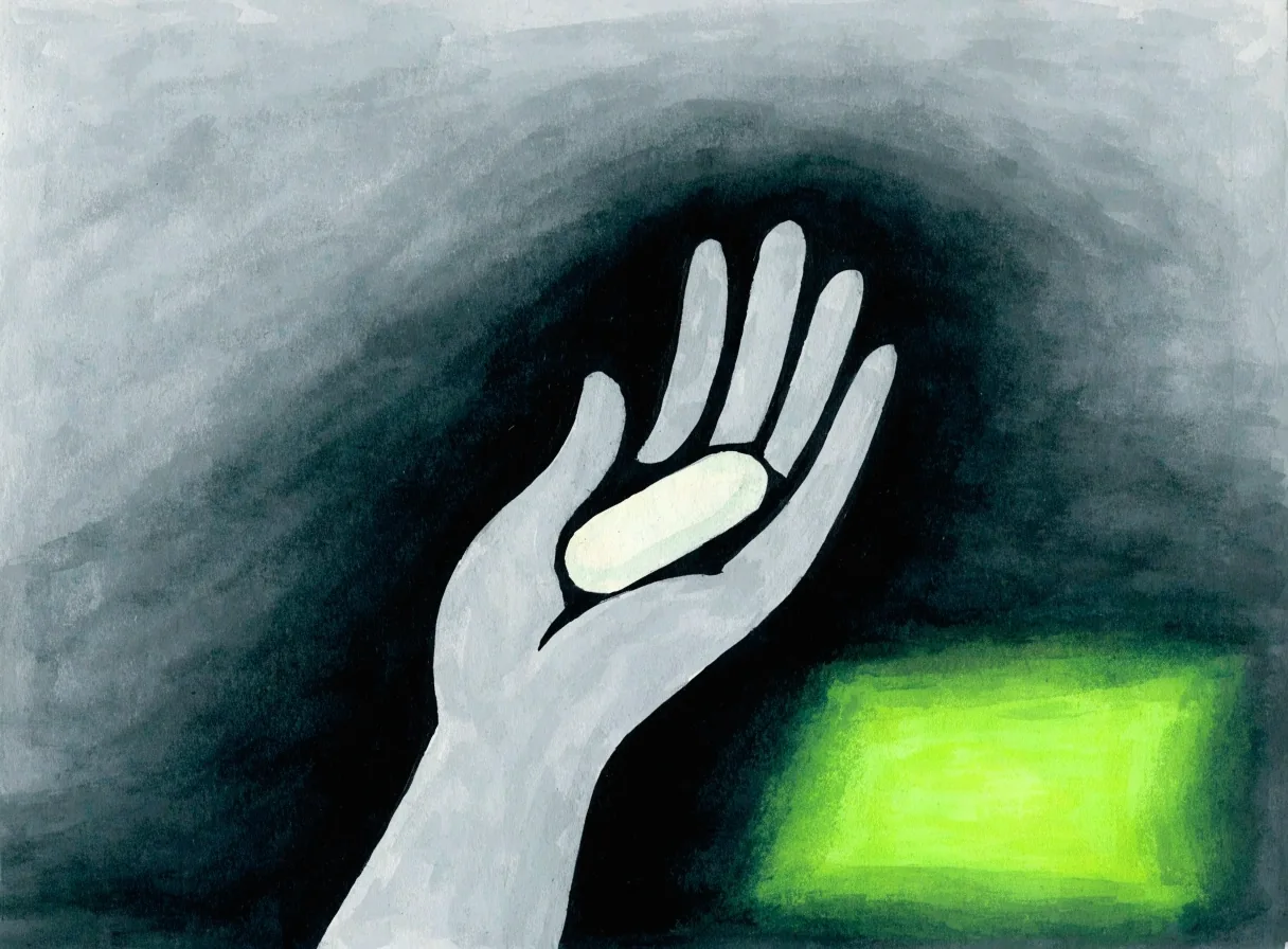 An open palm holding one unmarked capsule, painted illustration