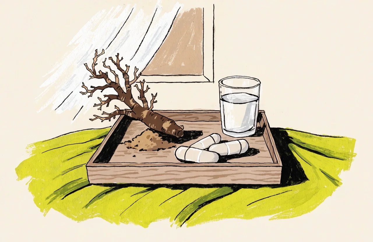 Loose unmarked capsules and a glass of water on a plain desk surface, painted illustration