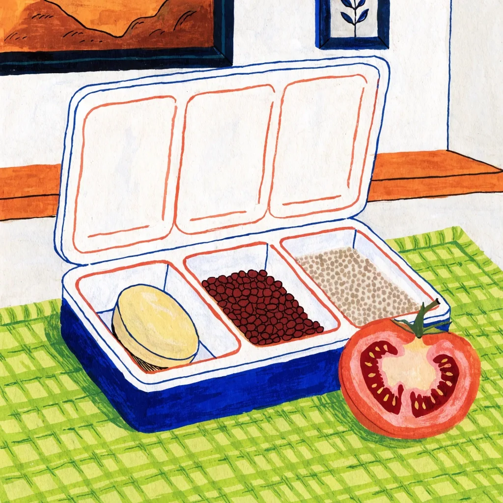 Flat gouache cut-paper multivitamin tablet with mineral grains on a dark field