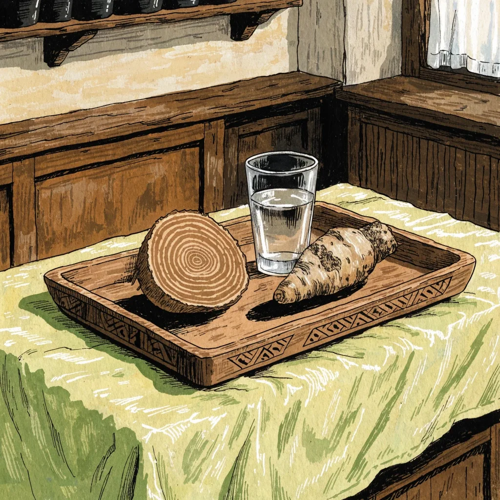 Flat gouache illustration of pasak bumi root cross-section beside a ginseng root
