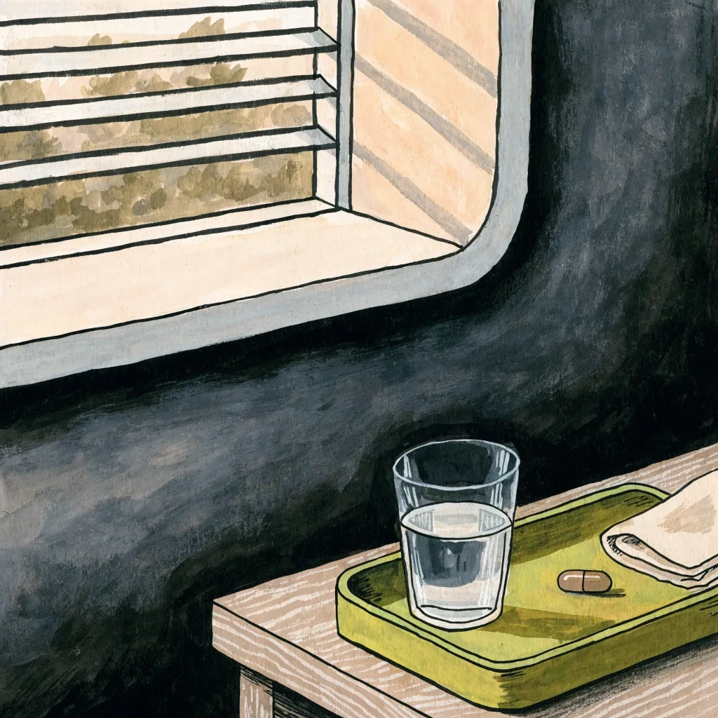 Flat gouache illustration of a quiet morning table with a glass of water and one capsule on a dark field