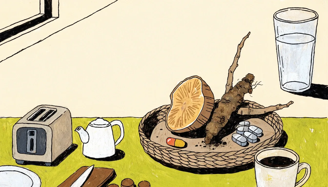 Flat gouache illustration of daily supplement items: a multivitamin capsule, pasak bumi root, ginseng root, tongkat ali twig and mineral tablets on a lime plane