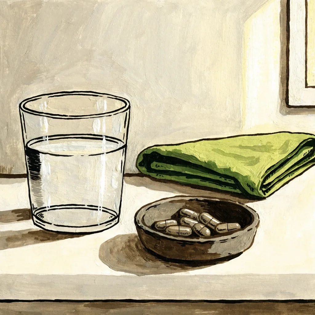 Flat gouache illustration of seven unbranded capsules laid in a row with a glass of water