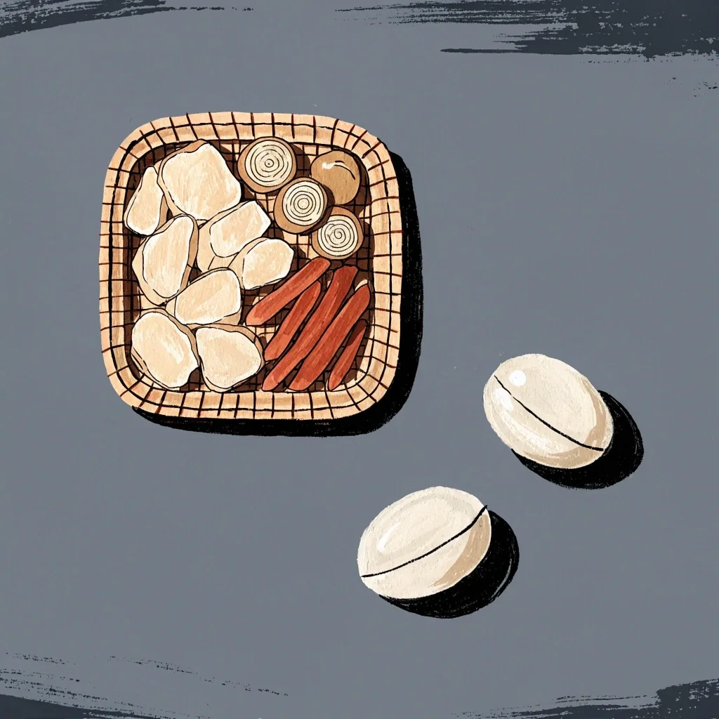 Flat gouache overhead illustration of herbal root slices and capsules set apart on a grey plane