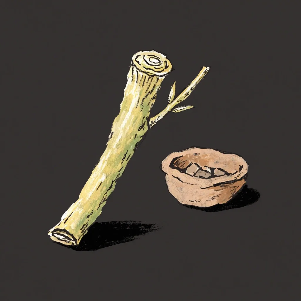 Flat gouache illustration of a single tongkat ali twig segment on a dark field