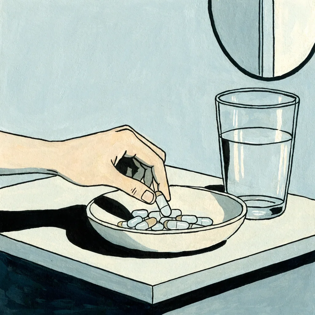 Flat gouache illustration of a hand lifting one daily vitamin capsule from a dish beside a glass of water