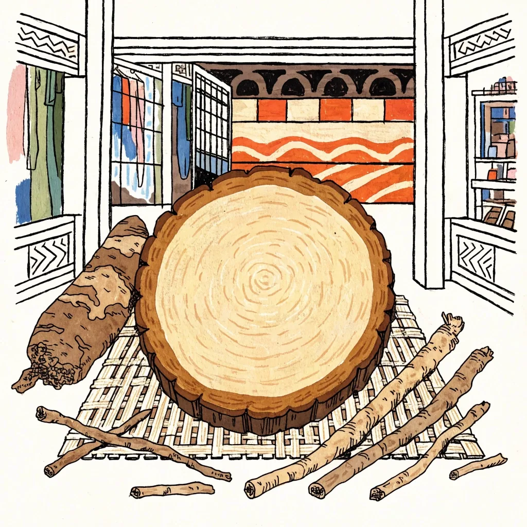 Flat gouache illustration of a pasak bumi root cut across its grain on a lime field