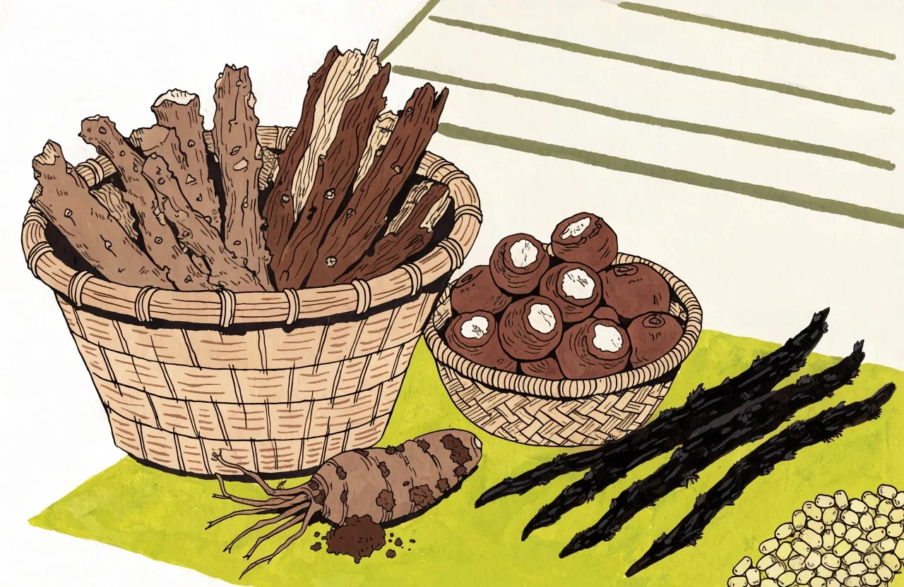Flat gouache illustration of pasak bumi root, ginseng, tongkat ali twig, an unmarked capsule and a resin lump arranged on a lime plane