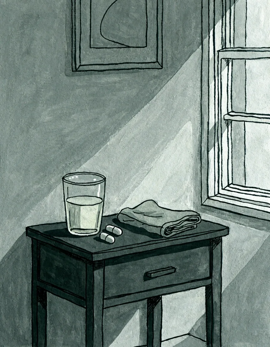 Flat gouache illustration of a glass of water and two unmarked capsules beside it on a cool grey ground