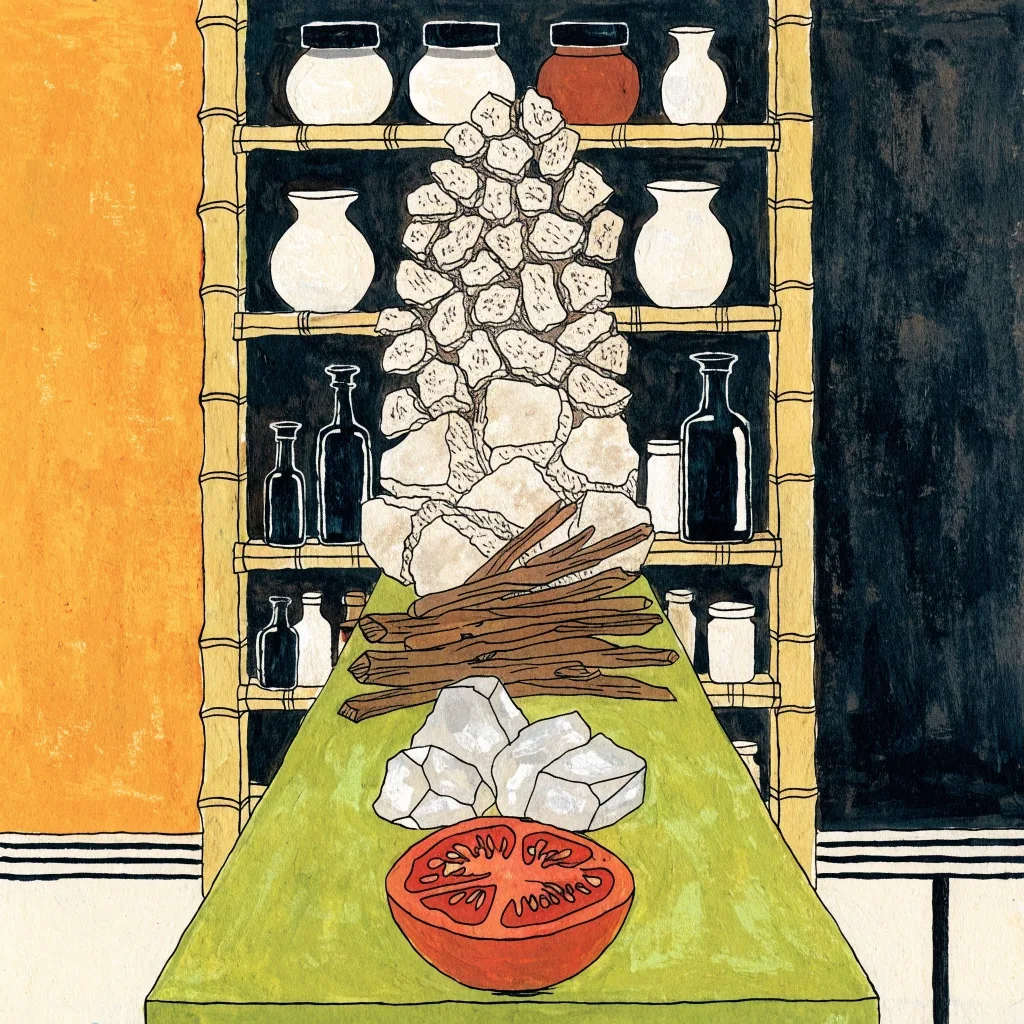 Flat gouache illustration of a ginseng root, resin lump, mineral grains and a halved tomato stacked in one column on a lime plane