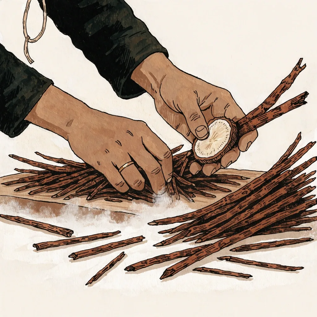 Flat gouache illustration of a tongkat ali twig segment on a mist-white field