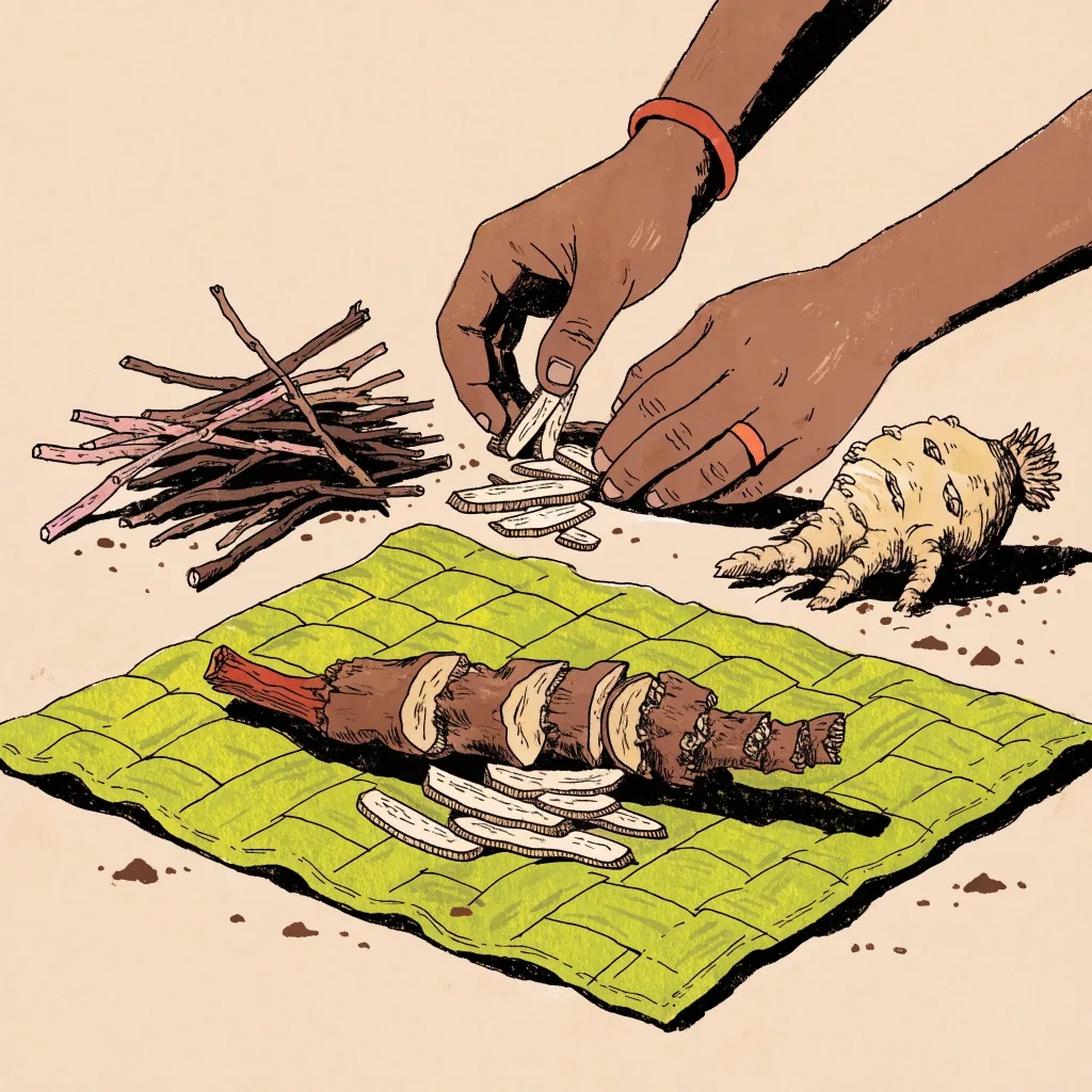 Flat gouache illustration of a pasak bumi root cut across its grain on a graphite field