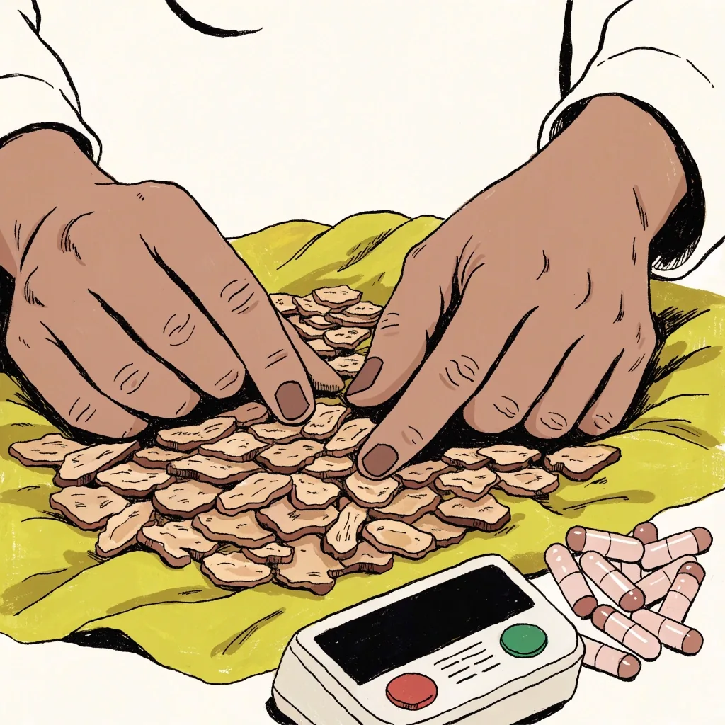 Flat gouache illustration of a whole ginseng root on a lime field