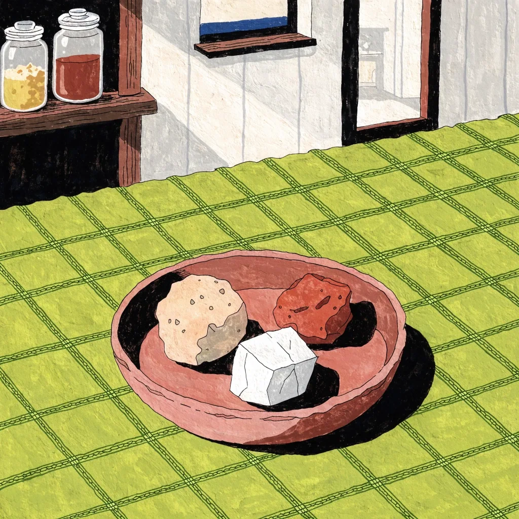 Flat gouache illustration of three mineral grains on a mist-white field