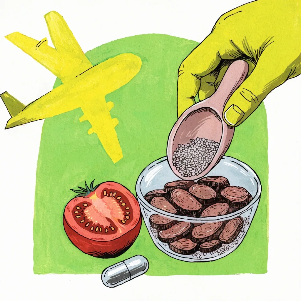 Flat gouache illustration of raw men's supplement ingredient forms arranged on a bright lime plane
