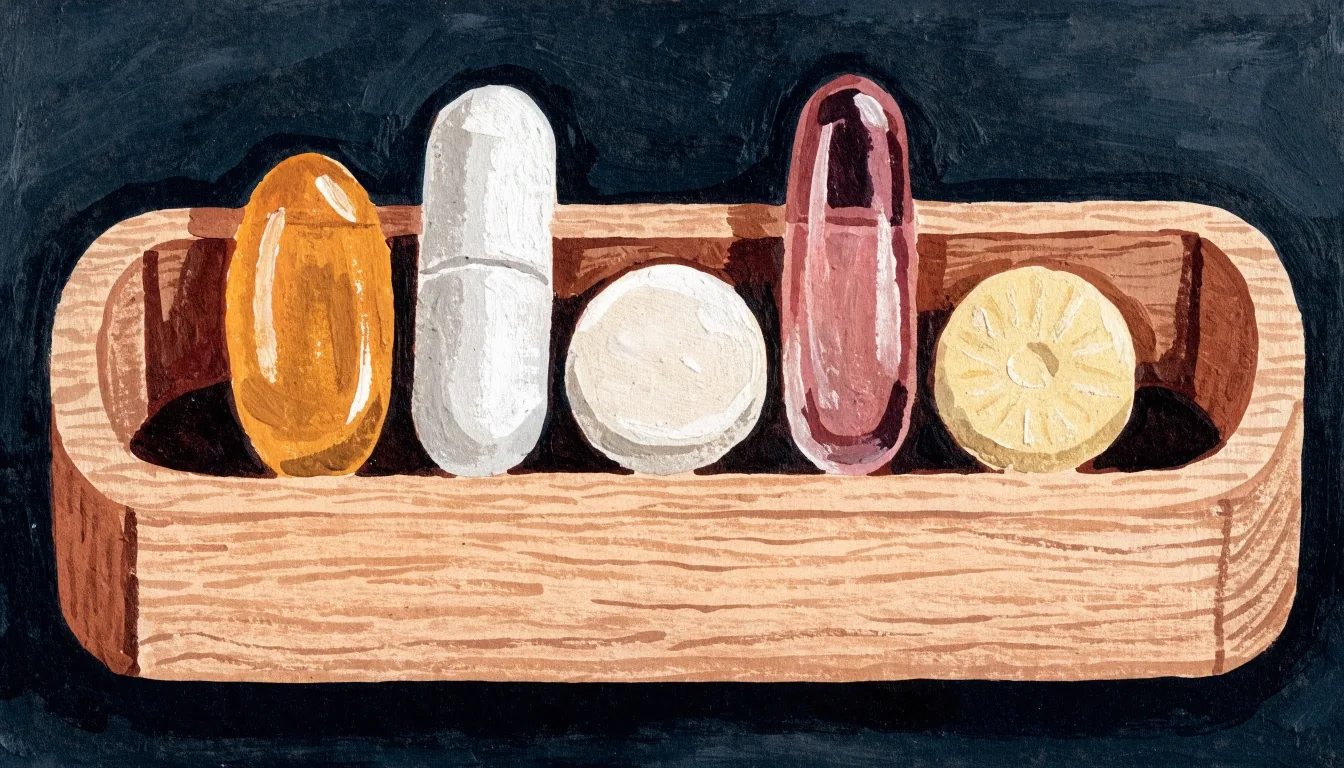 Flat gouache illustration of five unbranded capsules laid out in a row on a graphite field