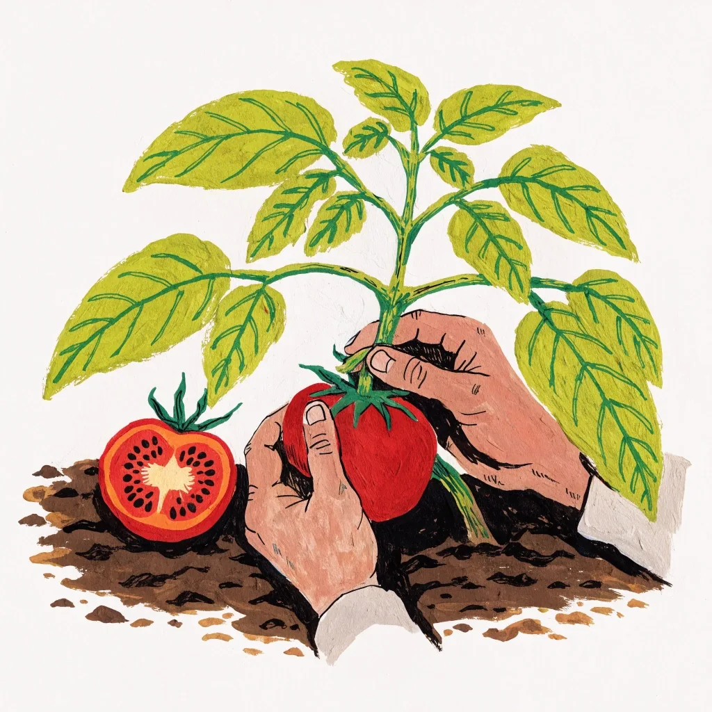 Illustration of a halved tomato showing seeds on a white field