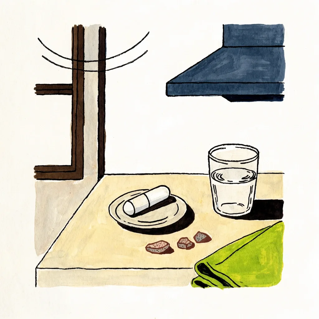 Illustration of an unbranded capsule beside small mineral grains on a white field