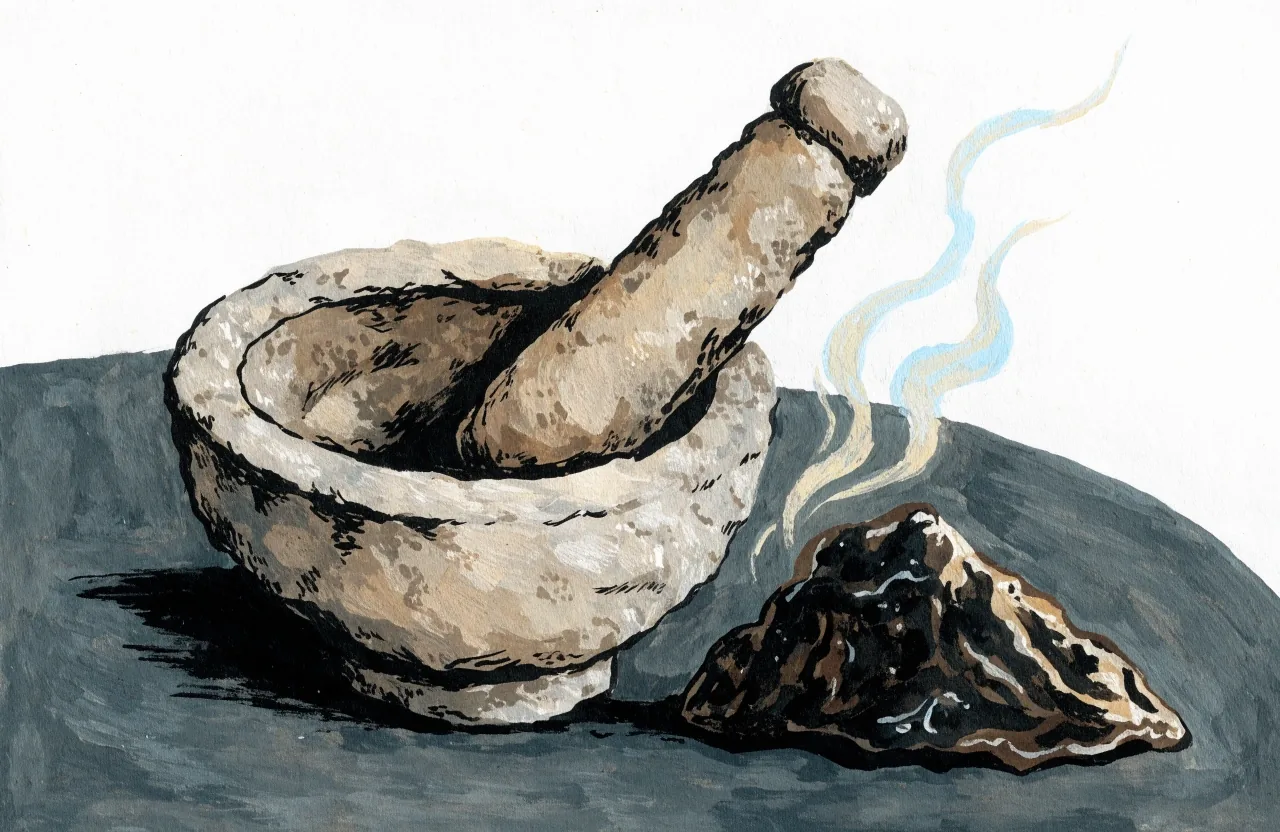 Illustration of a dark shilajit resin lump on a graphite field