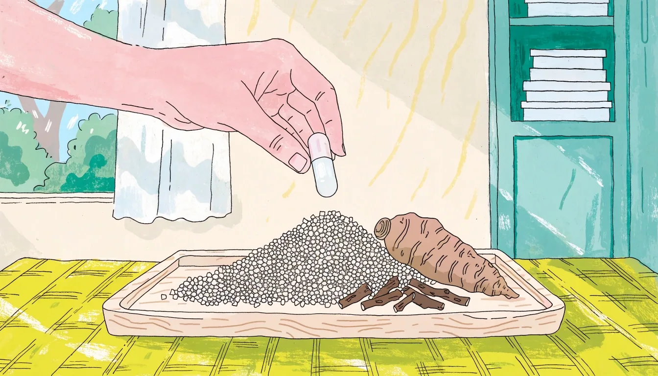 Illustration of an open palm holding a single unbranded capsule in cool high-key light