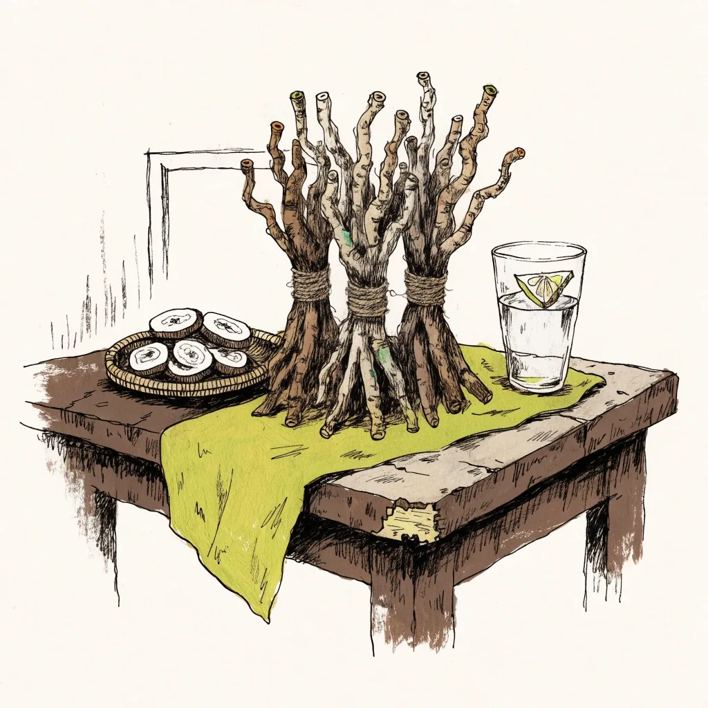 Illustration of a whole panax ginseng root on a mist-grey field