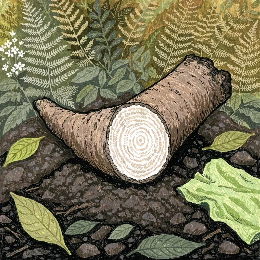 Illustration of a pasak bumi root cut across its grain on a lime field