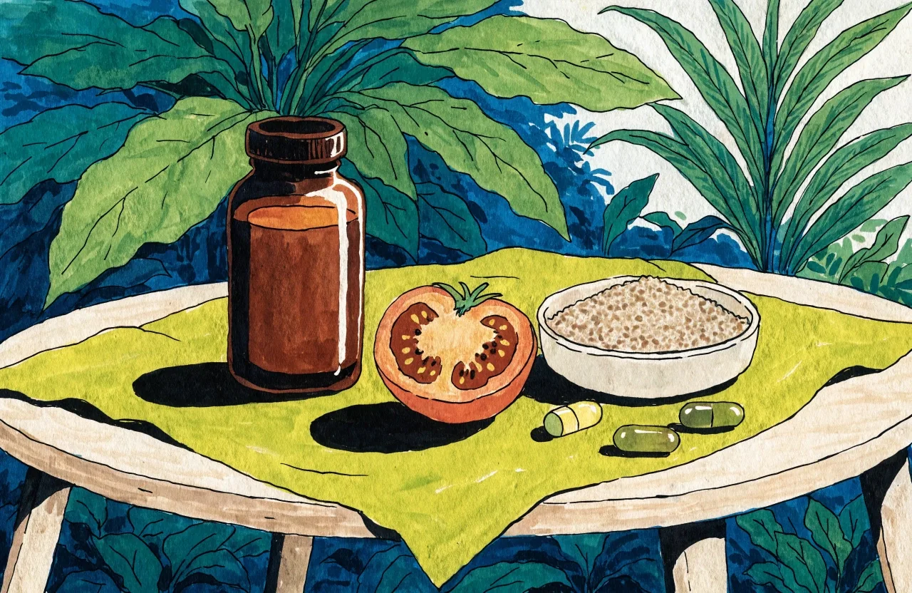 Flat gouache illustration of a plain supplement bottle with plant-derived capsule halves, a tomato cross-section, and grains on a pale field