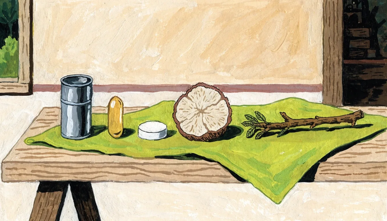 Flat gouache illustration of men's supplement formats — a capsule, a softgel, a tablet, and two raw roots — arranged in a comparison row on lime