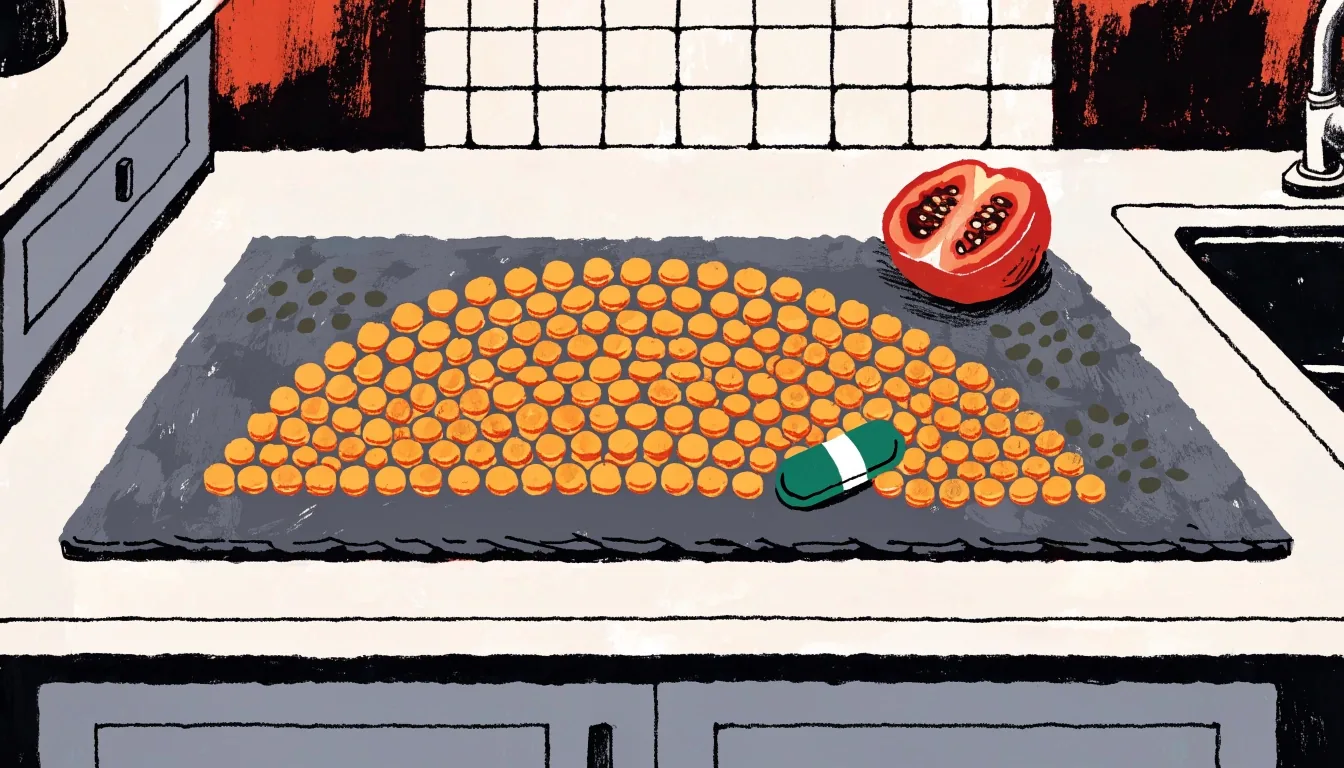 Flat gouache illustration of a wide multivitamin spread — a fan of unmarked tablets with mineral grains — on a graphite field