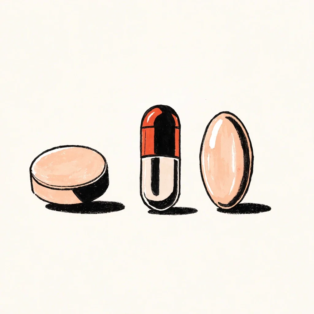 Flat gouache illustration of three supplement formats — a tablet, a capsule, and a softgel — on a pale mist field