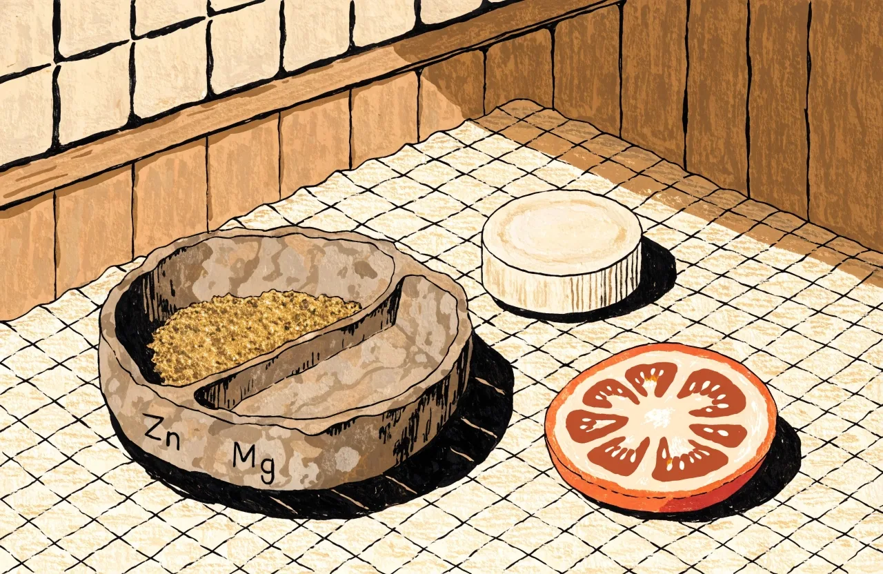 Flat gouache illustration of separate zinc and magnesium mineral clusters and a lycopene tomato cross-section beside one broad multivitamin tablet, on an amber-tinted plane