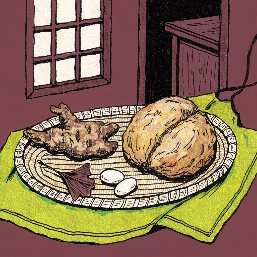 Flat gouache illustration of herbal vitality ingredients — a pasak bumi cross-section, a ginseng root, dried leaf, and two unmarked capsules — on graphite