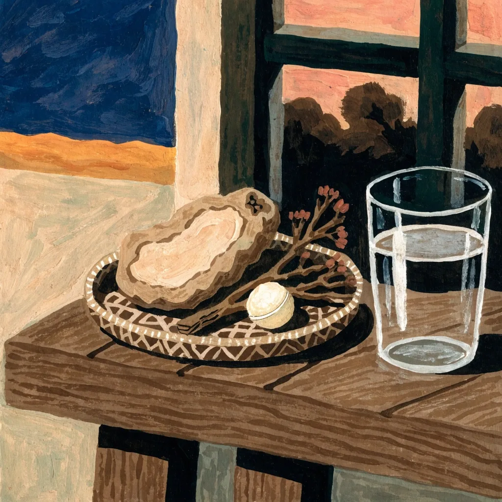 Flat illustrated desk surface with an unmarked capsule, an uncut ginseng root, a glass of water, and a blank notebook